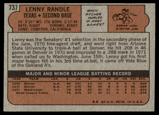 1972 Topps Baseball #737 - Lenny Randle RC - EX