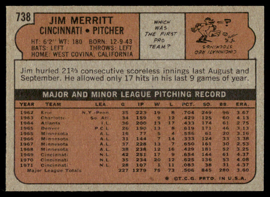 1972 Topps Baseball #738 - Jim Merritt - NM
