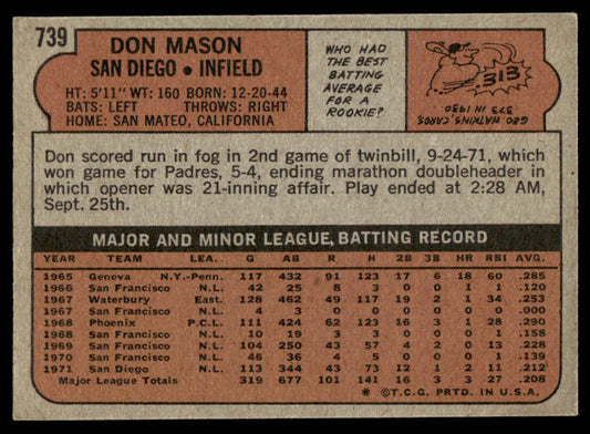 1972 Topps Baseball #739 - Don Mason - NM