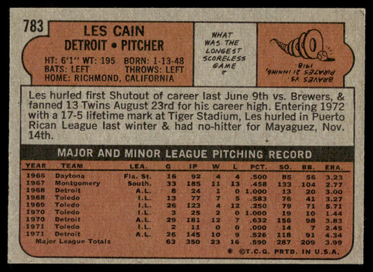 1972 Topps Baseball #783 - Les Cain - EXMT
