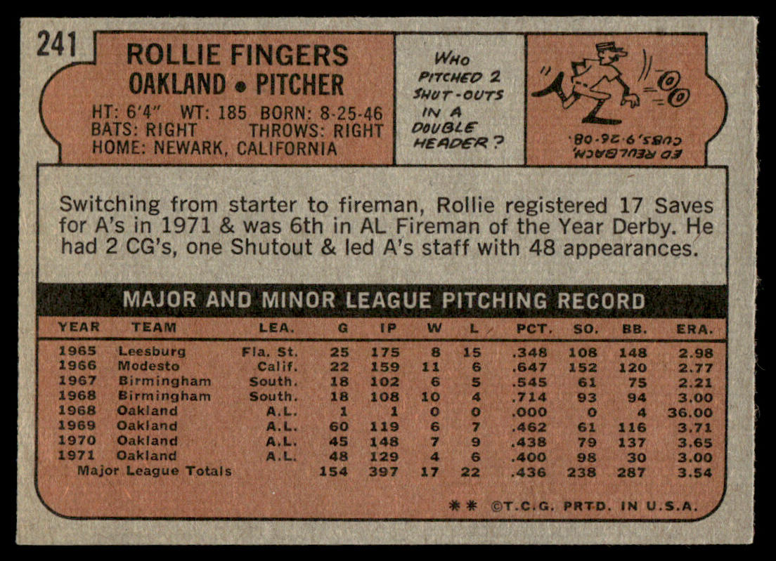 1972 Topps Baseball #241 - Rollie Fingers - EXMT