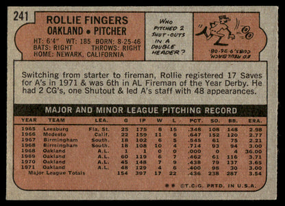 1972 Topps Baseball #241 - Rollie Fingers - EXMT
