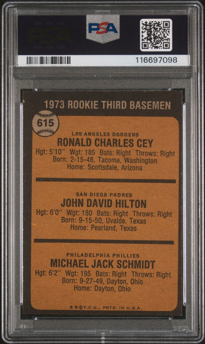 1973 Topps Baseball #615 - Rookie Third Basemen - Schmidt RC - PSA 8 - NMMT